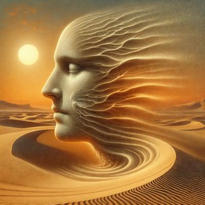 The primary subject of the image is a close-up of a person's head, with a focus on the face and the surrounding area. The setting is a desert landscape, with sand and a mountain visible in the background. The visual style is a combination of photo and digital art, creating a unique and intriguing image. The colors and mood of the image are warm and dramatic, with the sun setting in the background casting a golden glow on the scene.